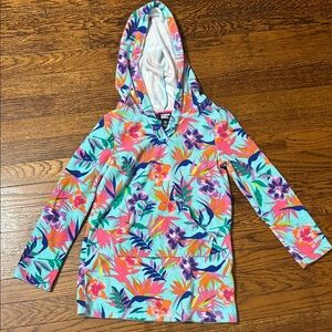 Lands' End Aqua Floral Hooded Swim Coverup with Pink Orange Purple Accents